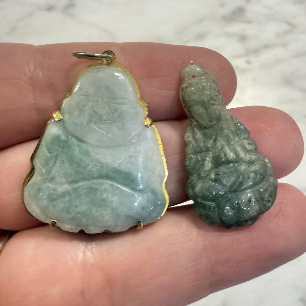 Vintage 2x Jadeite Jade Carved Stone Buddha Pendant Charm Gold Tone